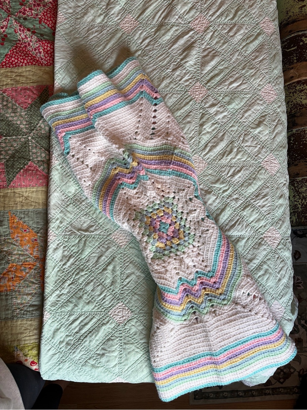 Handmade Crochet Crib Baby Blanket, White w/ Pastel Multicolor Striped Border